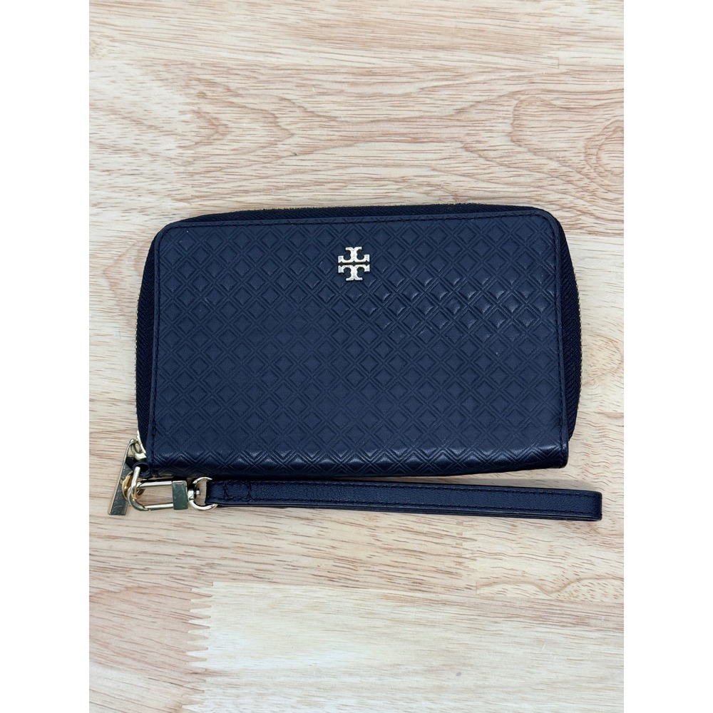 Tory Burch Black Leather Zip Around Wristlet‎ Wallet Clutch Logo Embossed #64
